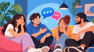 Grupo de amigos conversando y sonriendo en una sala de chat de amistad