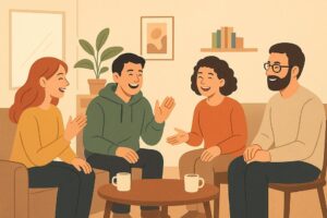 Cuatro adultos mayores de 40 años conversando y riendo en una cafetería
